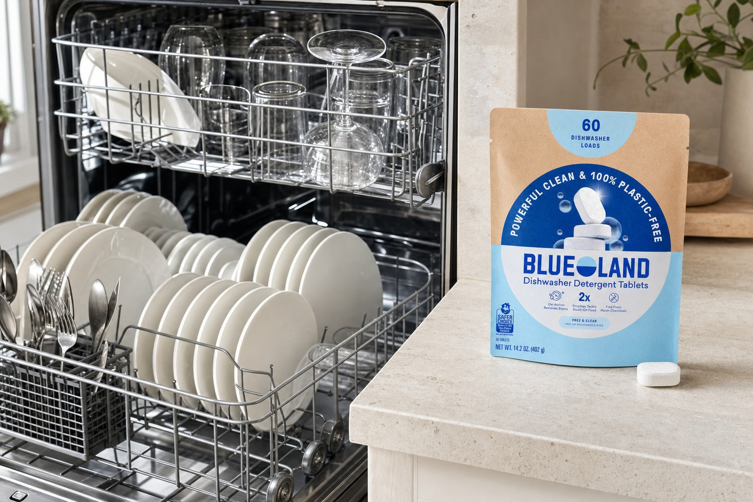 BLUELAND dishwasher tablets beside an open dishwasher with clean dishes