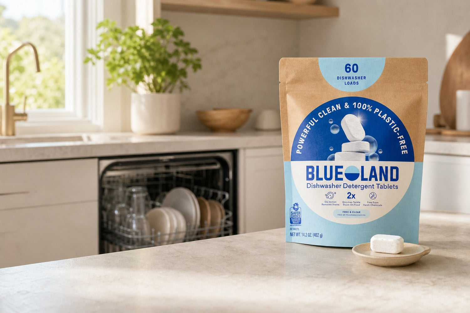BLUELAND dishwasher detergent tablets in a bright modern kitchen