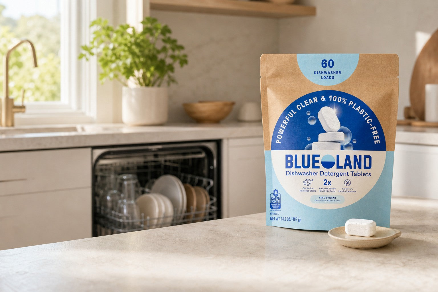 BLUELAND dishwasher detergent tablets in a bright modern kitchen