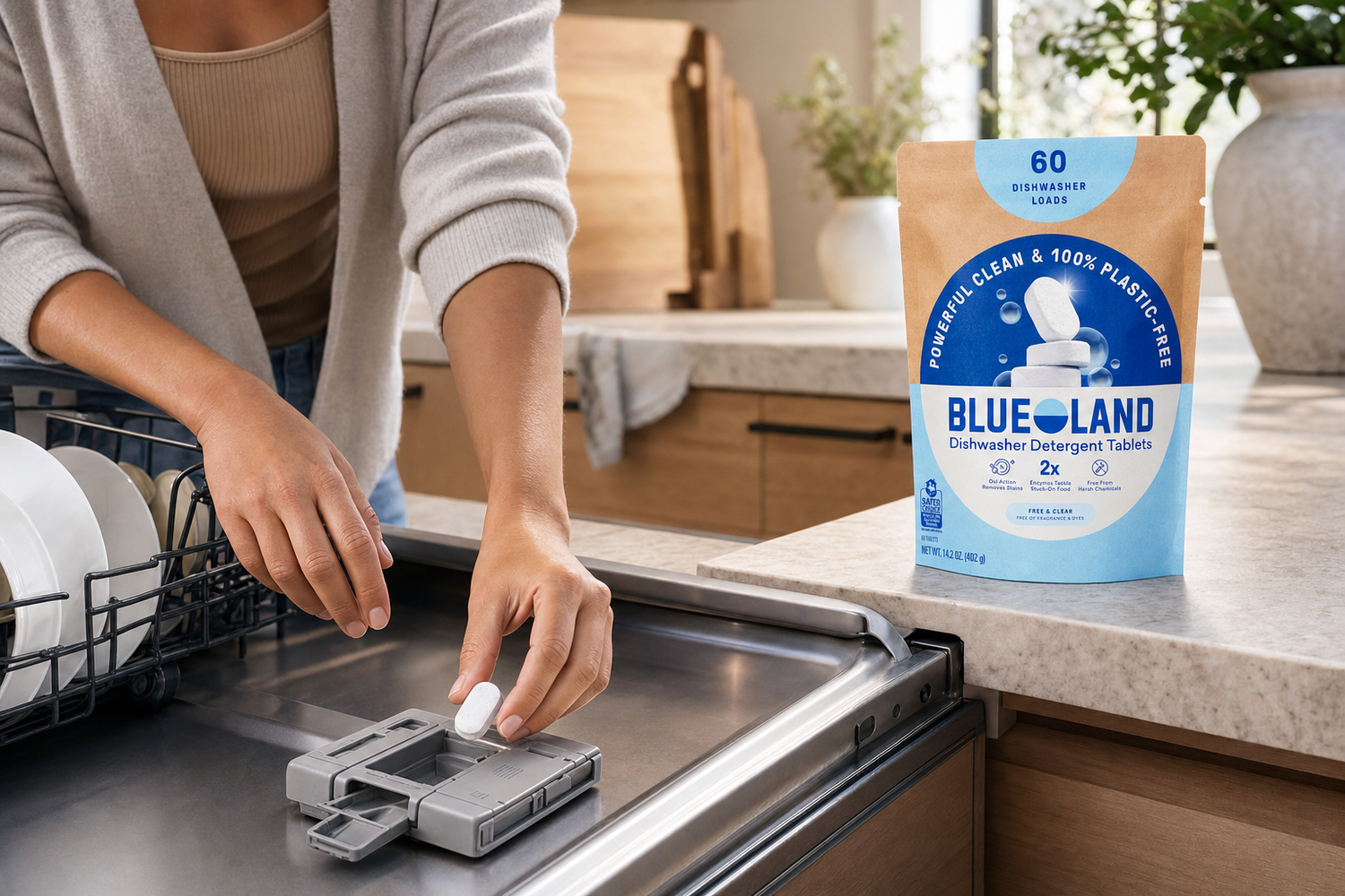 BLUELAND dishwasher tablet being placed into an open dishwasher in a modern kitchen