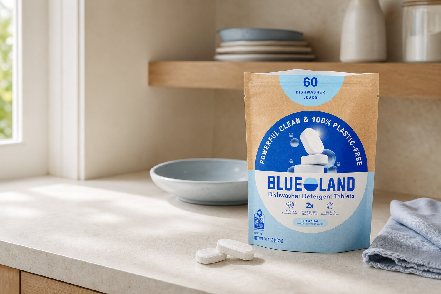 BLUELAND dishwasher tablets pouch in a warm modern kitchen