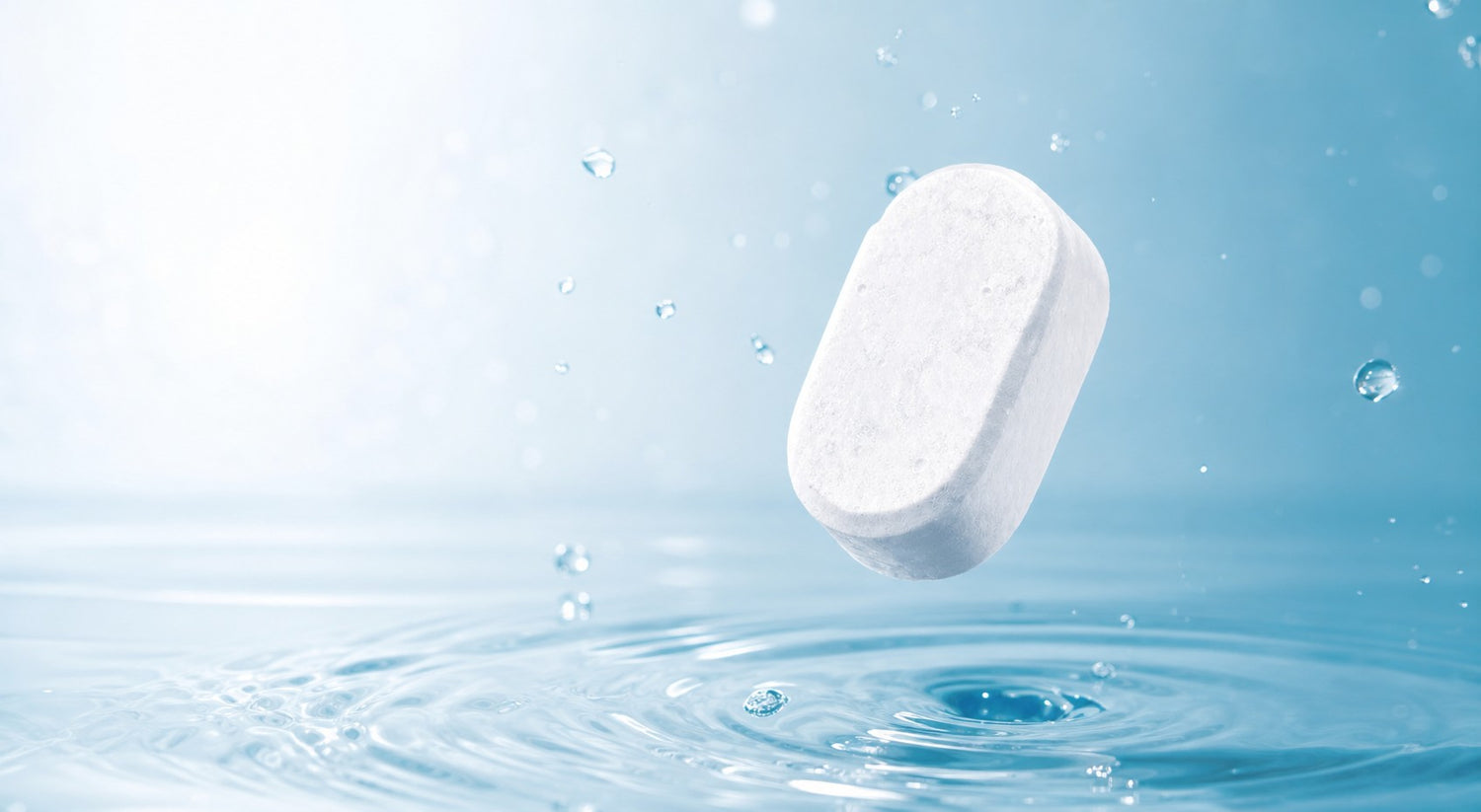 Close-up of an unwrapped white dishwasher detergent tablet above clear water